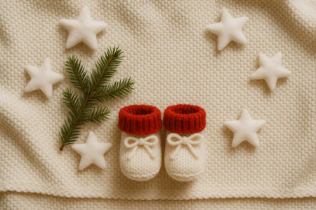 Knitted baby boots with red cuffs and pine branch on a cream blanket, surrounded by white stars. Holiday baby conceptの素材