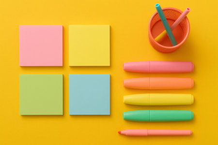 Bright stationery items, including adhesive memo pads and felt tip pens, artfully arranged on a vibrant yellow backgroundの素材