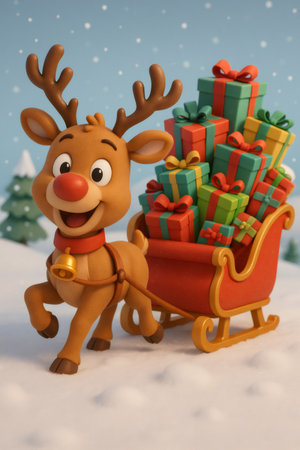 Cheerful cartoon reindeer pulling a sleigh filled with colorful gift boxes through a snowy winter landscape, bringing holiday joyの素材