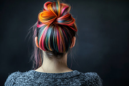 Person wearing a gray sweater, showing a high bun hairstyle with vibrant rainbow colored hair streaks against a dark backgroundの素材