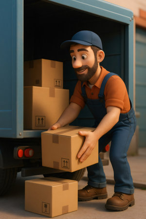 Friendly animated delivery worker loading cardboard boxes into a blue truck, representing shipping, e commerce, and logisticsの素材