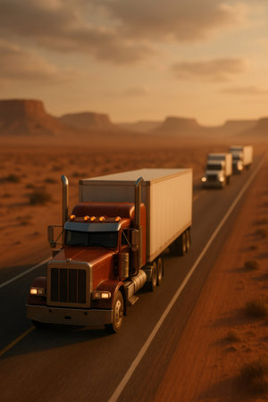 Semi trucks transporting cargo across a desert landscape at sunset, symbolizing logistics, transport, and long haul deliveryの素材