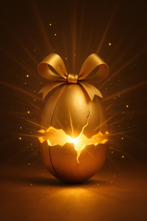 Golden egg with a bow cracking open, revealing a radiant glow and luminous particles emitting from its coreの素材
