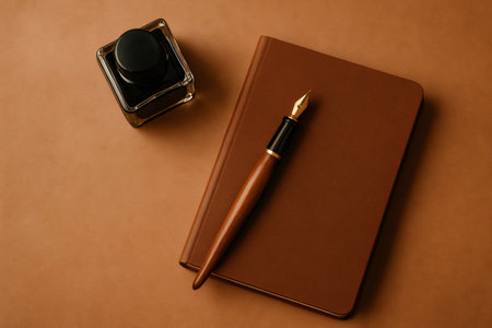 Fountain pen, ink bottle, and brown journal resting on a leather surface, representing writing, creativity, learning, and businessの素材