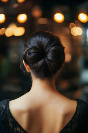 Woman showing the back of her head, hair styled in an elegant heart shaped bun, with evening bokeh lights in backgroundの素材