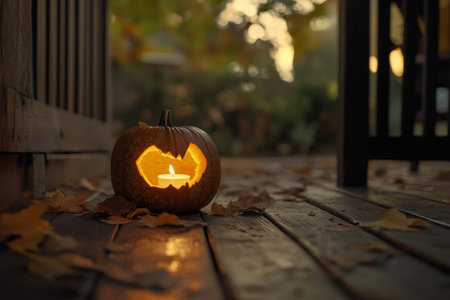 Carved pumpkin with a lit candle inside casting a warm glow on a rustic wooden porch with autumn leavesの素材