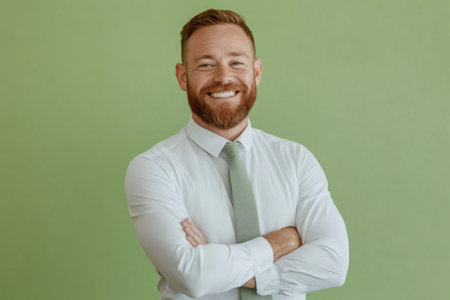 Cheerful male professional with a beard and white shirt posing confidently against a green background, representing successの素材