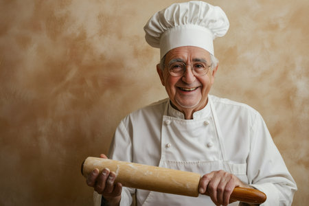 Smiling elderly male chef wearing a white toque and uniform, holding a rolling pin, conveying culinary expertise and joyの素材