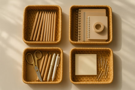 Beige minimalist stationery and office supplies neatly arranged in four woven rattan baskets on a clean deskの素材