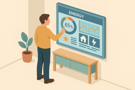 Person interacting with a digital screen displaying energy consumption data, home automation, and power metricsの素材