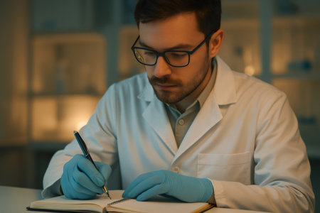 Scientist wearing a lab coat and gloves, writing notes in a notebook, documenting research findings in a lab settingの素材