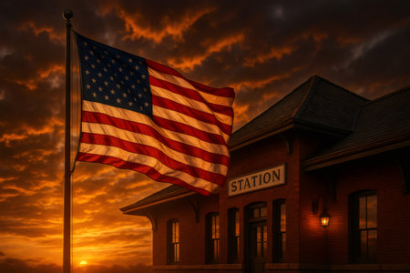United States flag waving on flagpole in front of a historic station building with a dramatic sunrise sky providing a warm glowの素材