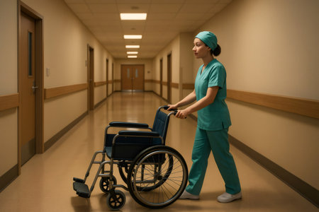 Young nurse in teal scrubs moving an empty wheelchair through a long, illuminated hospital hallway, ready for patient careの素材