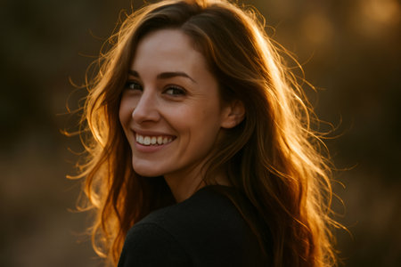 Woman smiling, looking over shoulder. Golden sunlight backlighting long natural hair radiates warmth, happiness, and beautyの素材