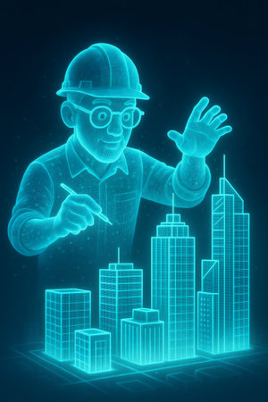 Architect engineer character designing future urban city models. Constructing building designs using holographic technologyの素材