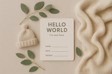 Birth announcement card featuring HELLO WORLD I'm new here, surrounded by a knitted baby hat, soft blanket, and eucalyptus leavesの素材