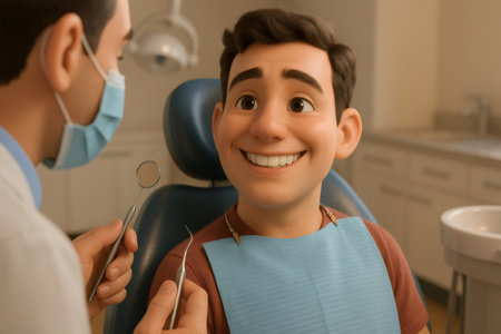 Happy man having a dental examination with dentist holding tools. Emphasizing good oral hygiene and healthの素材