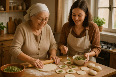 Two women from different generations happily preparing homemade food, sharing a family recipe and bonding in the kitchenの素材