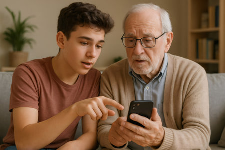 Teenager showing older man how to operate a mobile phone, fostering connection and digital literacy between generationsの素材