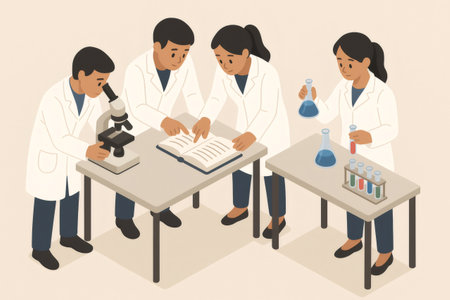 Students collaborating on a science project, experimenting with chemicals and observing through a microscope in a laboratory settingの素材