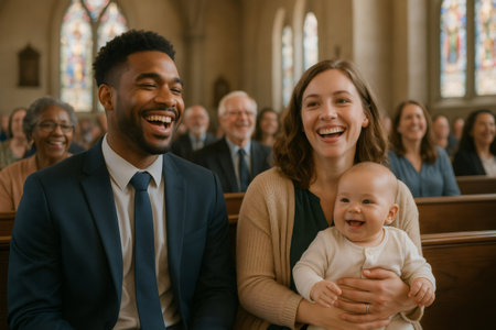 Happy multi ethnic family laughing together, enjoying community and faith inside a light filled church with stained glass windowsの素材