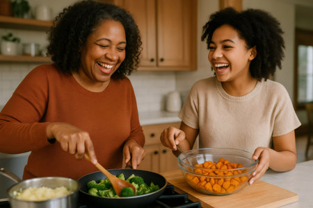 African american mother and daughter sharing a joyful moment, laughing together in the kitchen while preparing a healthy mealの素材