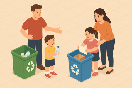Parents educating young children about environmental responsibility, separating plastic and paper into recycling bins, promoting sustainabilityの素材