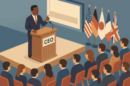 Business executive presenting at a podium with flags representing various countries and an audience. Global conference conceptの素材