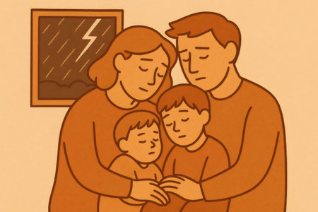 Family huddling together, seeking protection and security from an outside storm, symbolizing comfort and support during difficult timesの素材