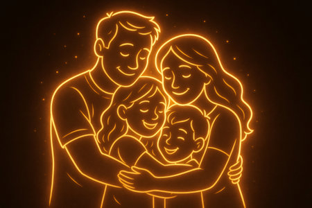Parents and children embracing warmly, radiating love and happiness, symbolizing their strong bond and unityの素材