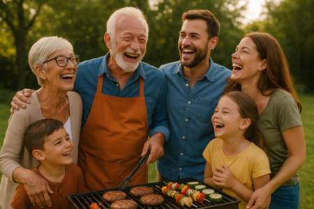 Happy multigenerational family gathering outdoors, laughing while grilling food, celebrating togetherness and summer funの素材