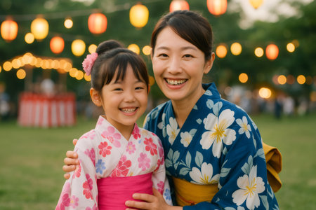 Asian mother and girl smiling, wearing yukata, celebrating at an outdoor summer festival with lanterns in the backgroundの素材