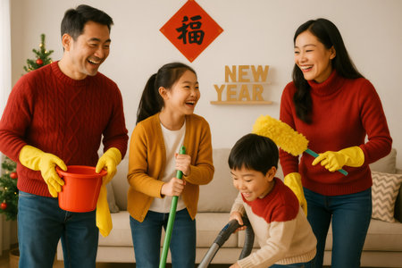 Happy family tidying living room for New Year celebration, wearing red sweaters and yellow gloves, laughing while cleaningの素材