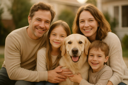 Happy family of four embracing their friendly golden retriever, all smiling brightly together in a warm outdoor settingの素材