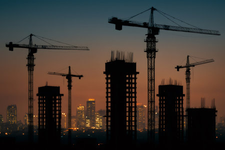 Silhouettes of towering construction cranes and unfinished buildings against a colorful dusk sky, symbolizing urban development and progressの素材