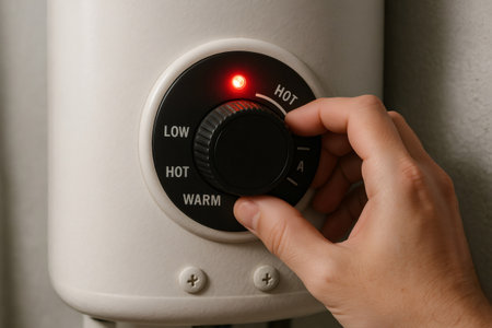 Hand turning a water heater temperature dial, setting it to hot. This process optimizes energy efficiency and home comfortの素材