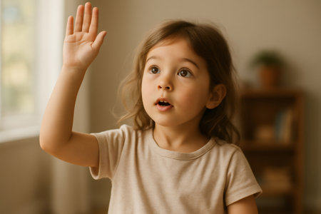 Little child raising hand, looking up with curiosity, asking a question, expressing interest and actively learningの素材