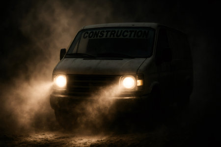 Work van's headlights illuminating dust and smoke, suggesting nighttime construction, challenging conditions, or rugged industrial serviceの素材