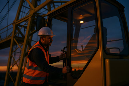 Worker in hard hat and safety vest entering cabin of construction machine, showing determination and dedication at duskの素材