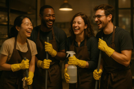 Four happy diverse people wearing aprons and gloves, holding cleaning supplies, laughing together, embodying teamwork and job satisfactionの素材