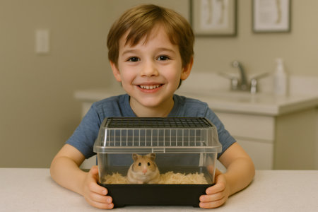 Young child happily displaying his brown hamster in a travel cage, embracing pet ownership and responsibility in a home settingの素材