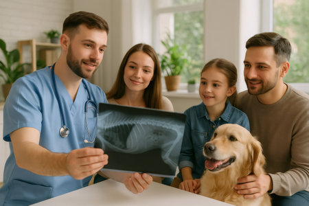 Vet doctor explaining x ray to family with golden retriever dog. Pet healthcare, professional veterinarians, modern clinic consultの素材