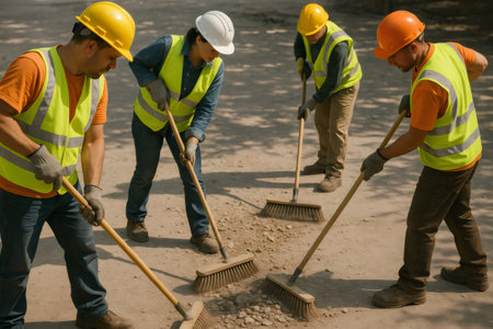 Laborers wearing hard hats and high visibility vests sweeping gravel, working together to clean a construction areaの素材