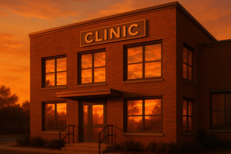 Clinic sign on a brick hospital building enjoying a golden hour sunset, sky reflecting on windows. Healthcare conceptの素材