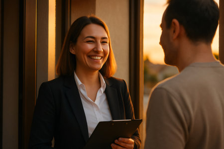 Professional businesswoman smiling, holding a clipboard, and talking with a client during a successful outdoor meetingの素材