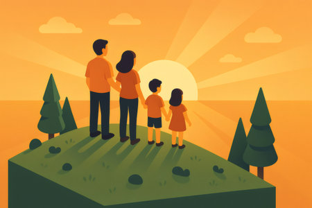 Parents and two children viewing a radiant sunrise from a hilltop. Illustrating family bonding, new beginnings, and hopeの素材