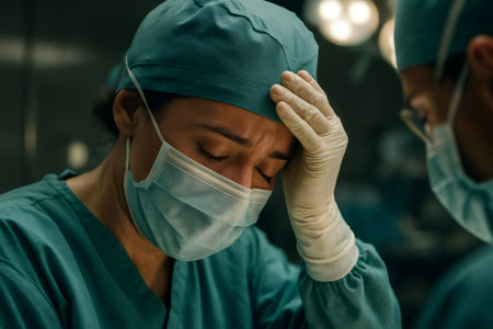 Stressed medical professional leaning on hand, eyes closed, showing emotional fatigue and burnout in a hospital operating roomの素材