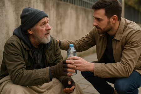 Young man showing generosity and empathy, giving a bottle of water to a homeless senior on the street, offering care and helpの素材