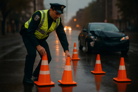 Police officer placing orange safety cones on road near damaged car, ensuring wet traffic control and road safety at nightの素材