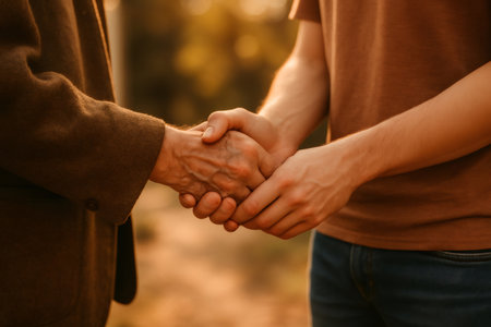 Two people shaking hands, representing connection, trust, and support between different generations, building relationshipsの素材